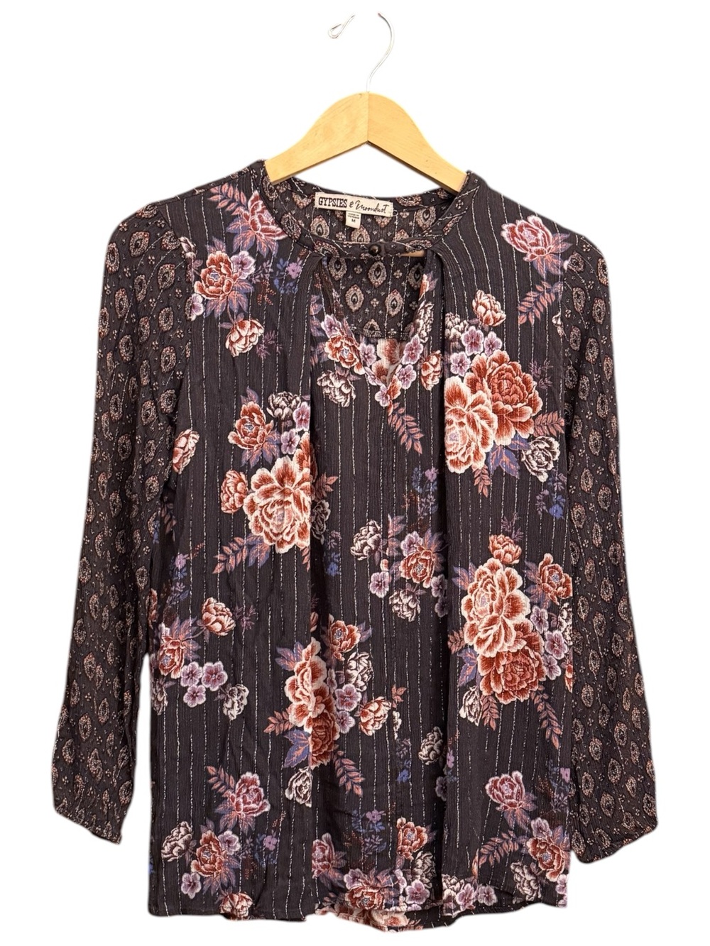 Gypsies & Moondust Black Floral Tie-Neck Blouse with Floral Print